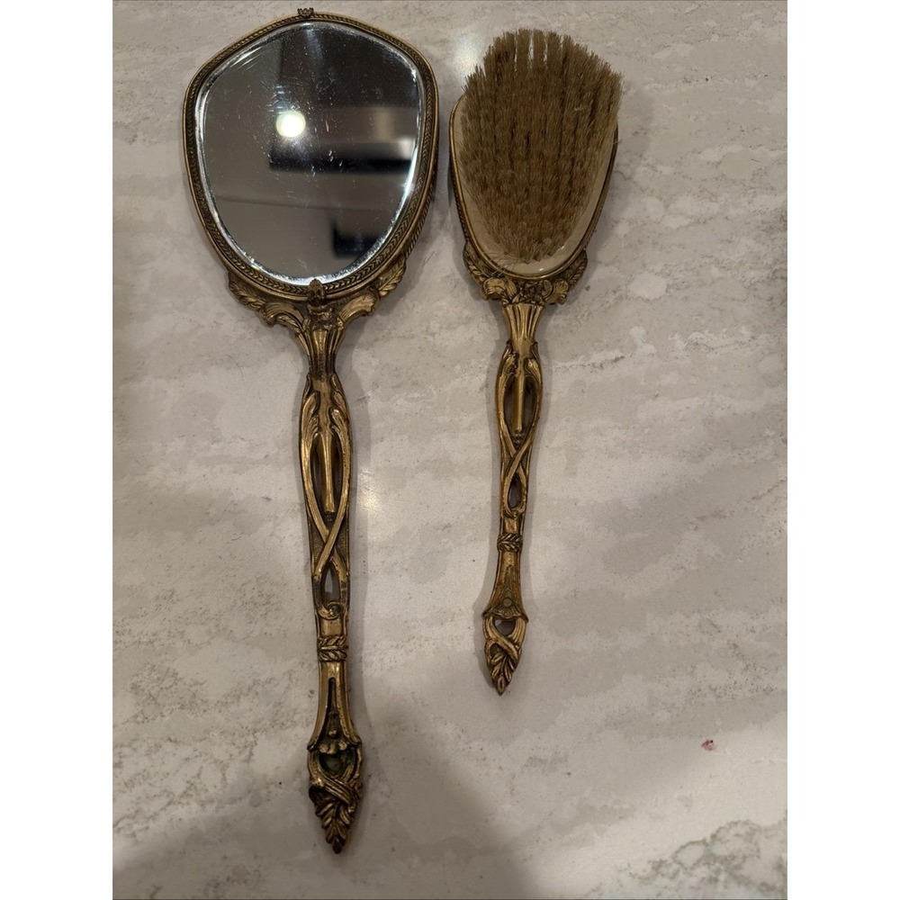 Antique Victorian Gilt Brass Vanity Set Mirror & Brush Matching Guilloché c.1900 - Picture 10 of 12